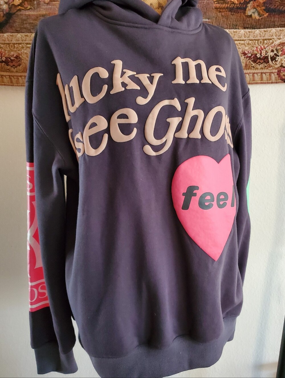 Grey Graphic Hoodie Sweatshirt with Pink Heart